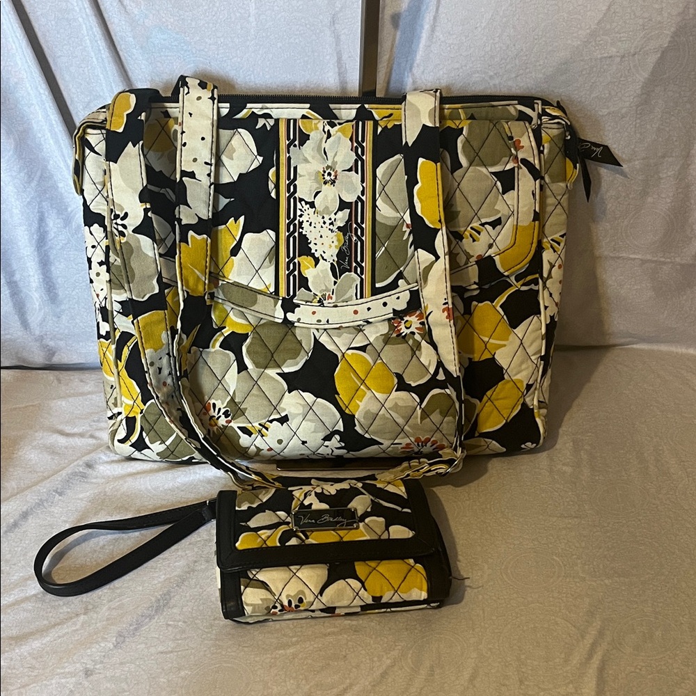 Vera Bradley Yellow and Black Floral Tote Set